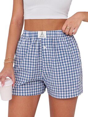 〽️Women's Boxer Shorts Blue White Plaid Casual Lounge Sleep Comfort High Rise